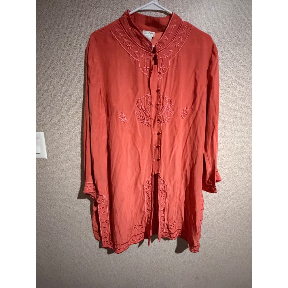 Yi Lin Women Coral Orange 100% Silk Embroidered Mandarin Collar Tunic Top Large
